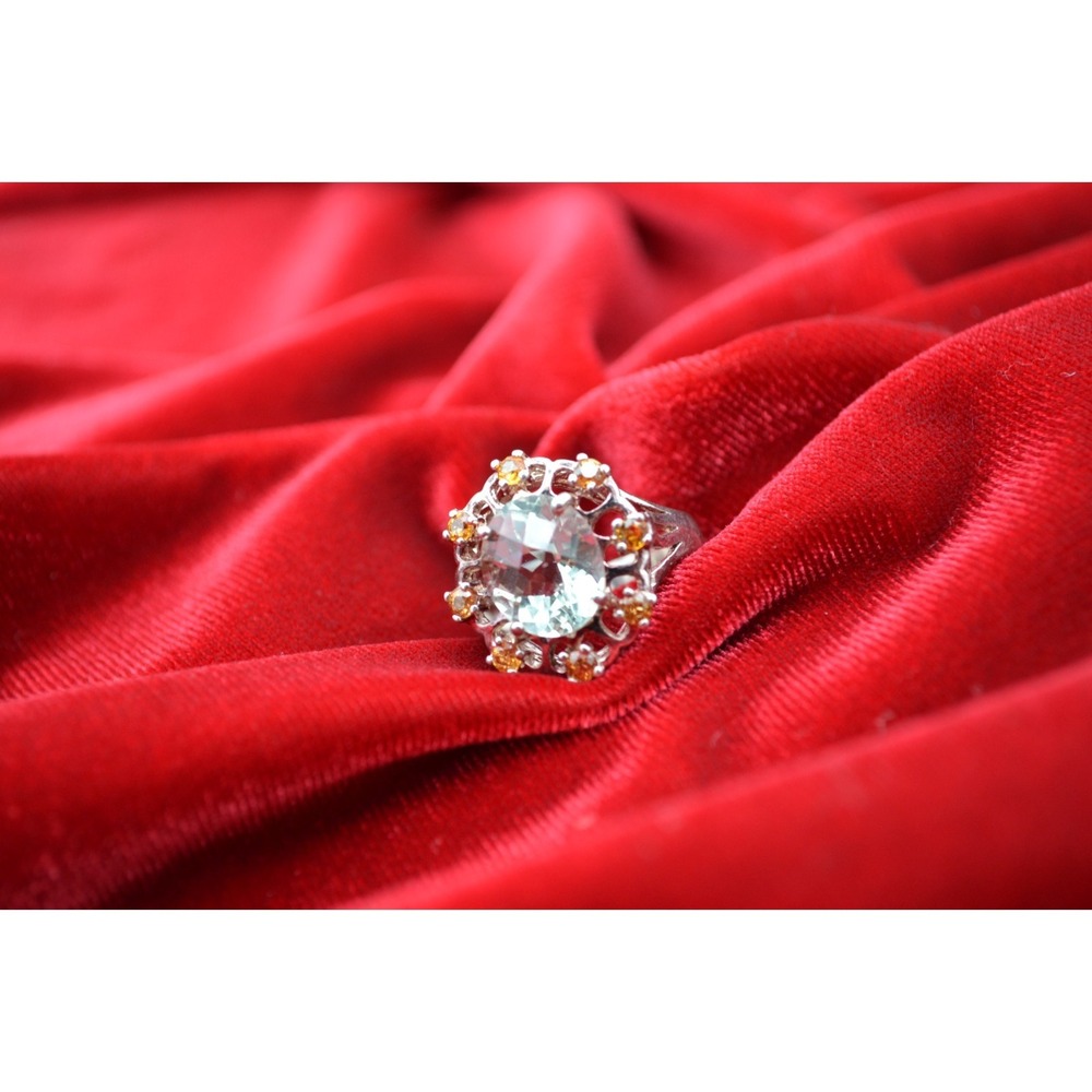 925 Sterling Silver Genuine Prasiolite‎ & Orange Sapphire Ladies Ring Size 8
